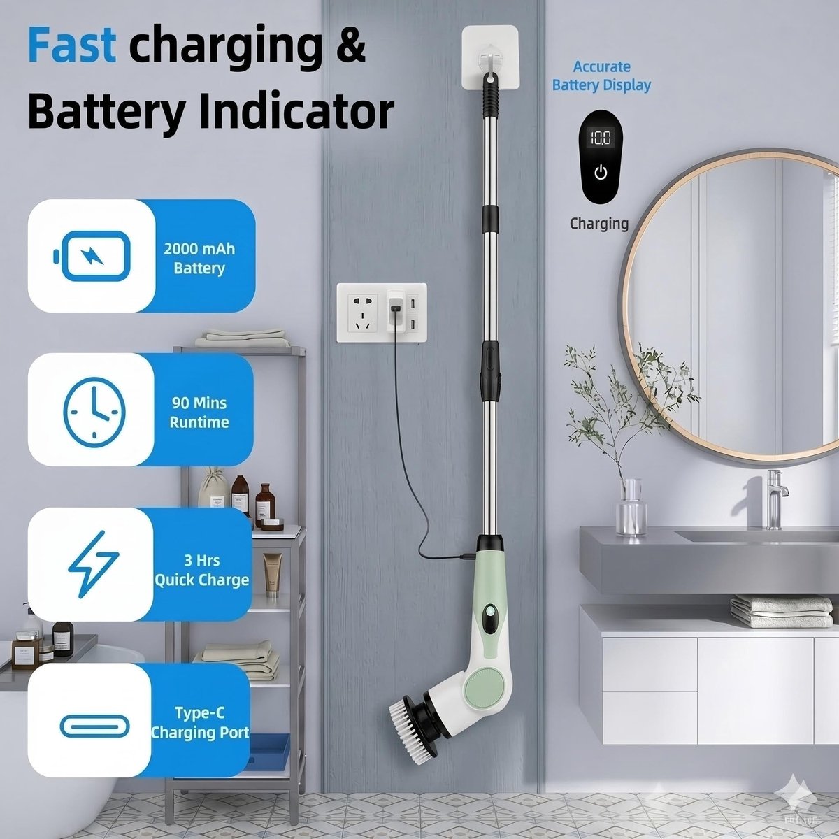 SnelShoppen - 10-in-1 elektrische reinigingsborstel met verlengbare handgreep, 2000 mAh accu, USB-C, IPX7 waterdicht, 3 snelheden voor douche, tegels,