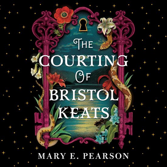 De cover van 'The Courting of Bristol Keats' met de tekst 'THE COURTING OF BRISTOL KEATS' in witte letters. De titel wordt omringd door een roze, sierlijke sleutel met bloemen, planten en een slang.