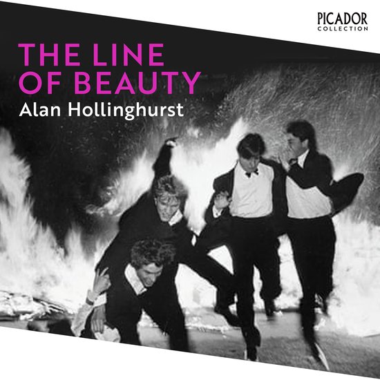 Couverture de livre : Hommes en smoking, poursuivis par le feu. Titre : The Line of Beauty.