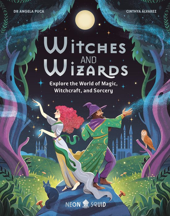 Boekomslag 'Witches and Wizards' met een illustratie van een heks en tovenaar in een magisch bos bij nacht.