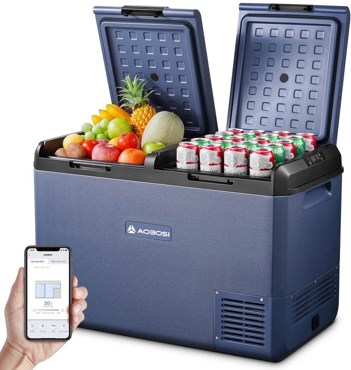 SnelShoppen - Elektrische koelbox 95L dubbele zone compressiekoeler voor auto en camper, app bediend, IPX4-bestendig, met wielen, koeling -20°C tot 20