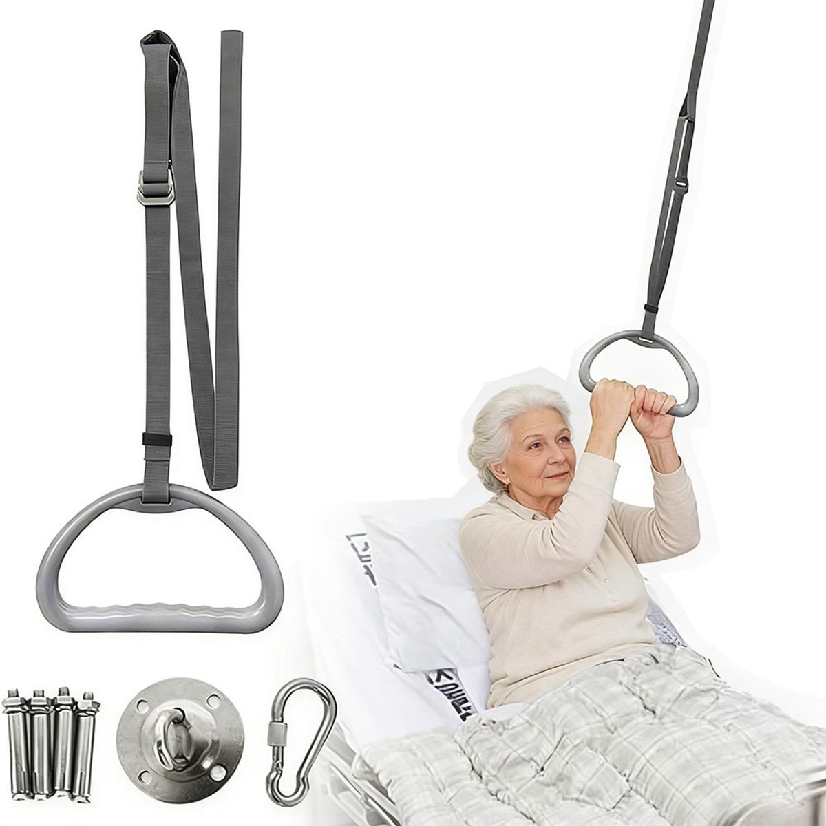 Handgreep bedpapegaai met riem - Triangel handgreep - Opstahulp bed - Verstelbaar - losse handgreep voor bedpapegaai - met riem - grijs