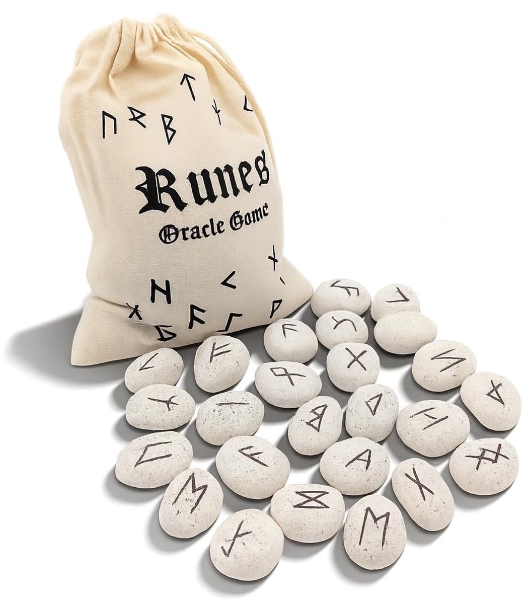 Dailygoods- Runenstenen Set - 25 Keramische Runenstenen - Elder Futhark Alfabet - Katoenen Zakje - Uniek Natuurproduct - Veelzijdig Gebruik - Runenset