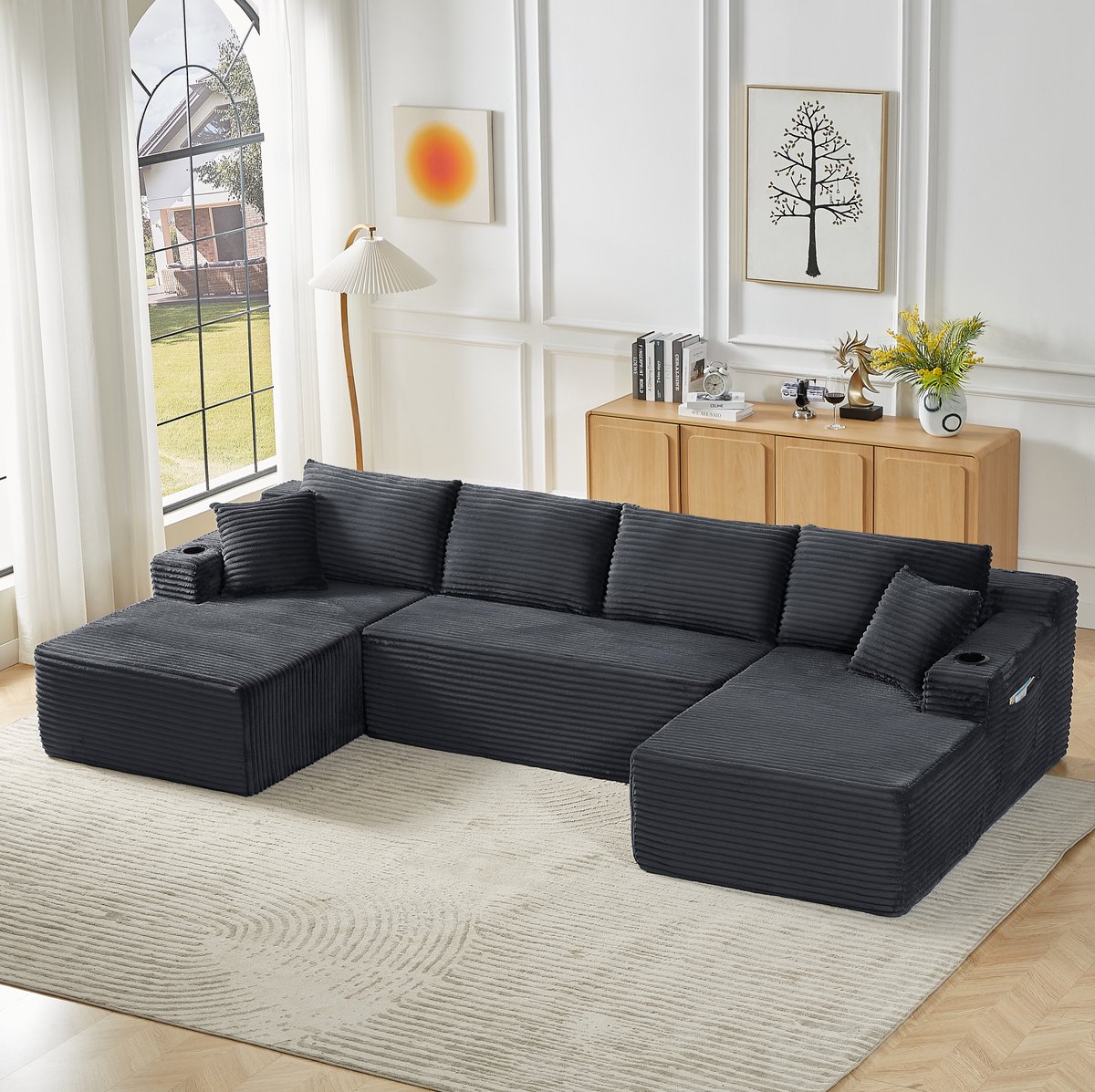 REDOM - U-bank - Modulaire opbouw - Zonder montage - Zachte zit - Corduroy - Woonkamer - Donkergrijs - 339 x 168 x 82 cm