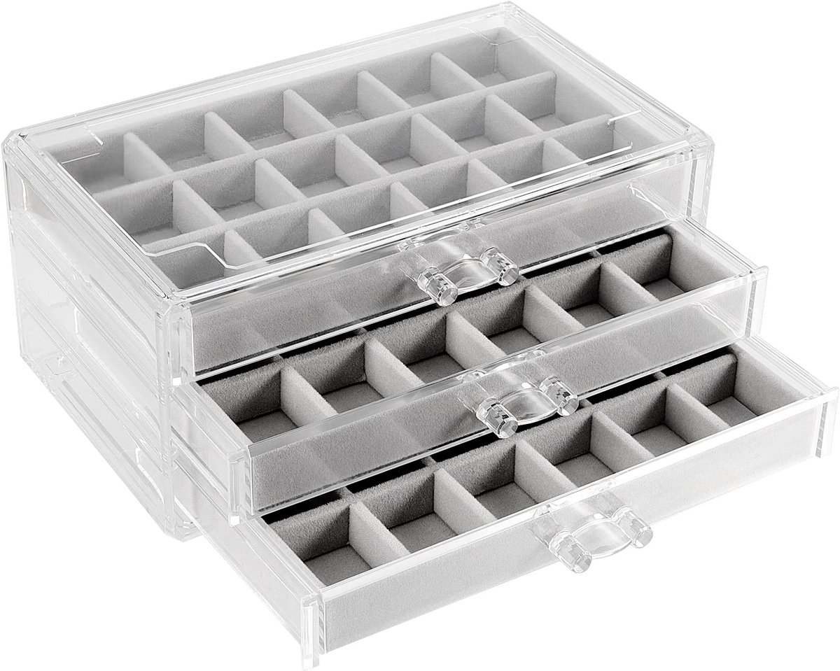 Dailygoods - Sieraden Organizer - 3 Laden Acryl Doos - Verstelbare Fluwelen Houder - Grijs - Oorbellen Ringen Kettingen - Perfect voor Dames en Meisjes