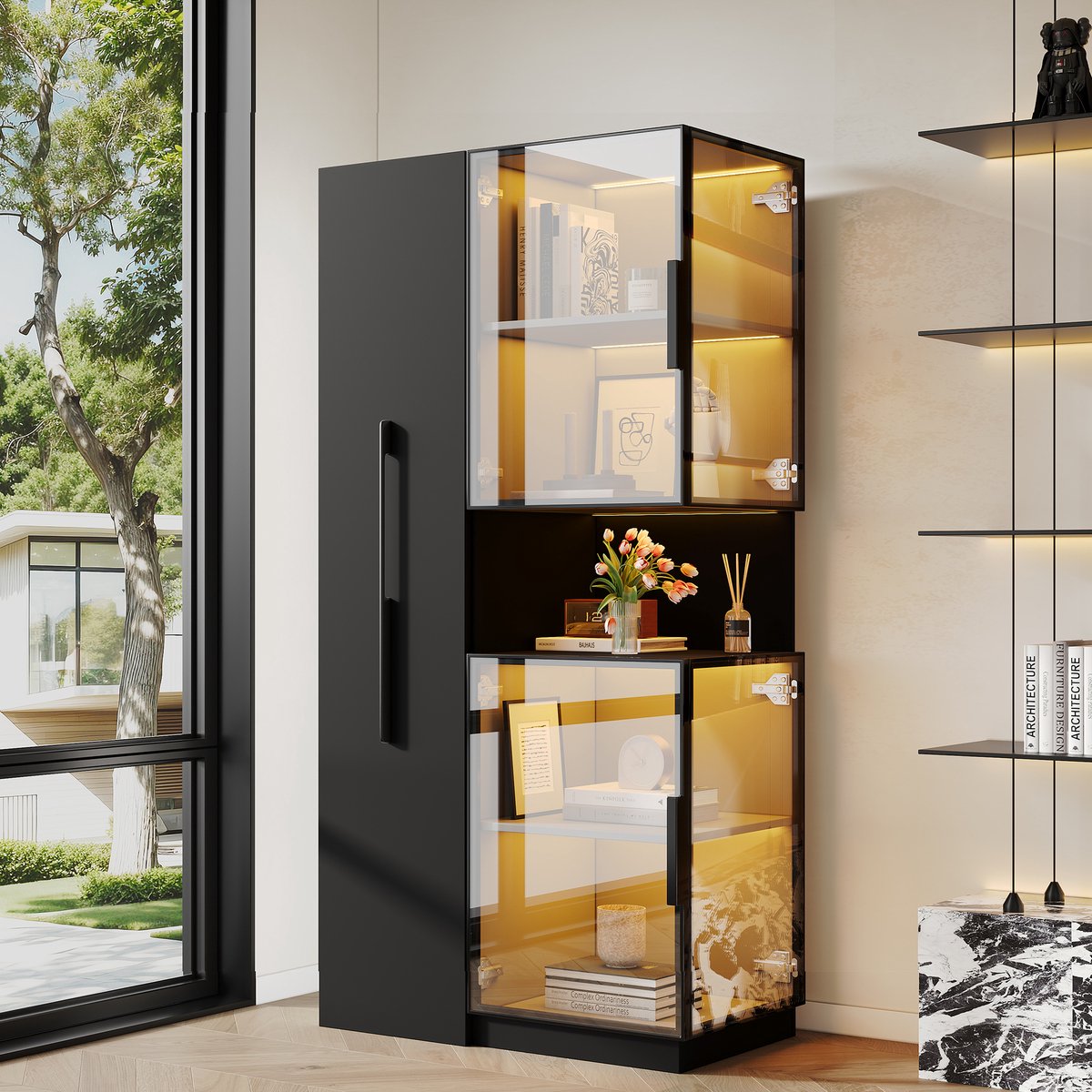 Glazen vitrinekast 70×38×160 cm met displayplank - voorzien van LED-verlichting - berging - woonkamer - eetkamer - keuken - zwart