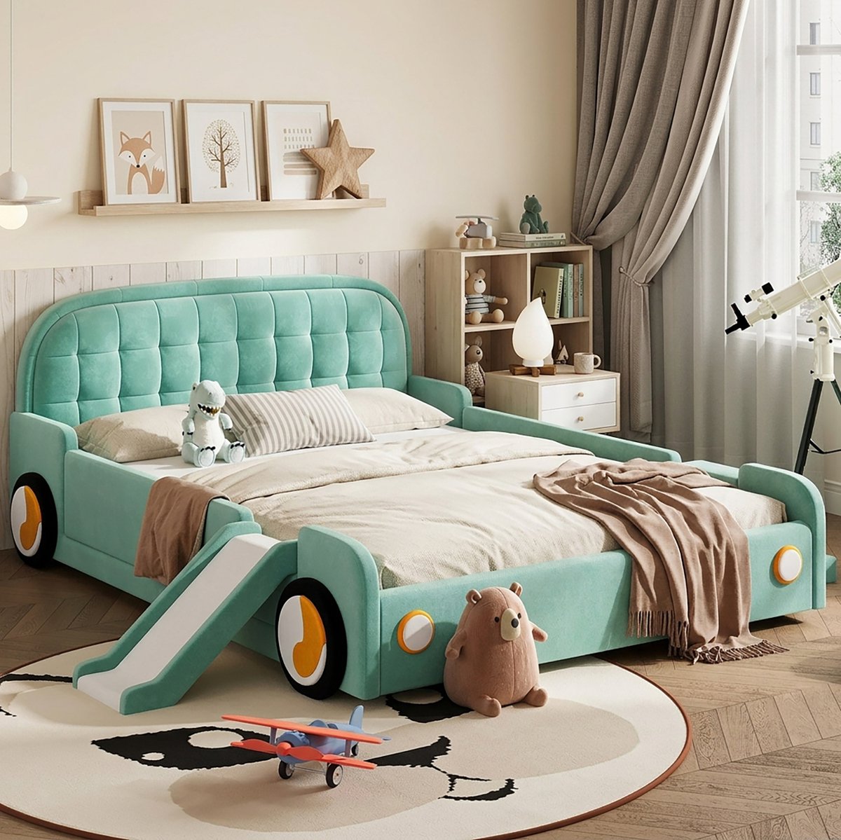 REDOM - Kinderbed - Autobed met glijbaan en trap - Links/rechts monteerbaar - Met uitvalbeveiliging - Stof - Blauwgroen - 140 x 200 cm