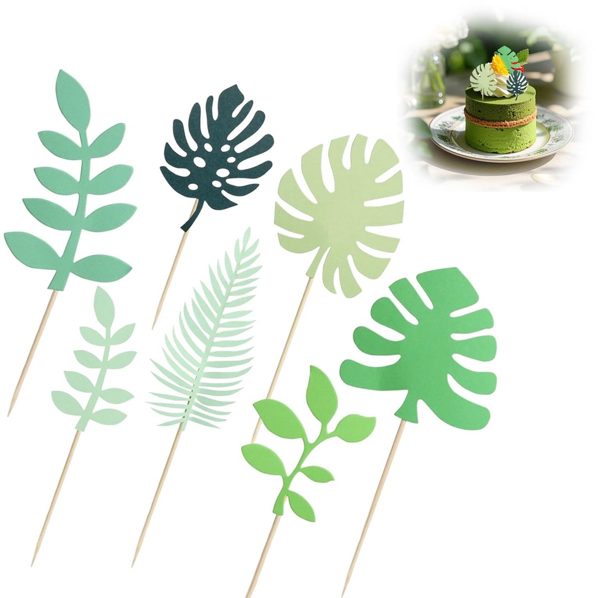 Dailygoods- Taartdecoraties 7 Stuks - Tropische Bladeren - Taartdecoratie Set - Verjaardagstaartdecoratie - Exotische Decoratie - Houten Stok