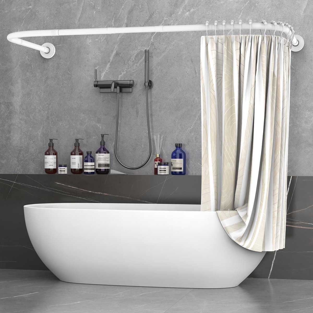 SnelShoppen - Douchegordijnstang Hoekspanner U/L-vorm met 24 Ringen, Verstelbaar 75×(150-190)×75cm, Wit, Roestvrij Staal, Ideaal voor Douche en Badkui