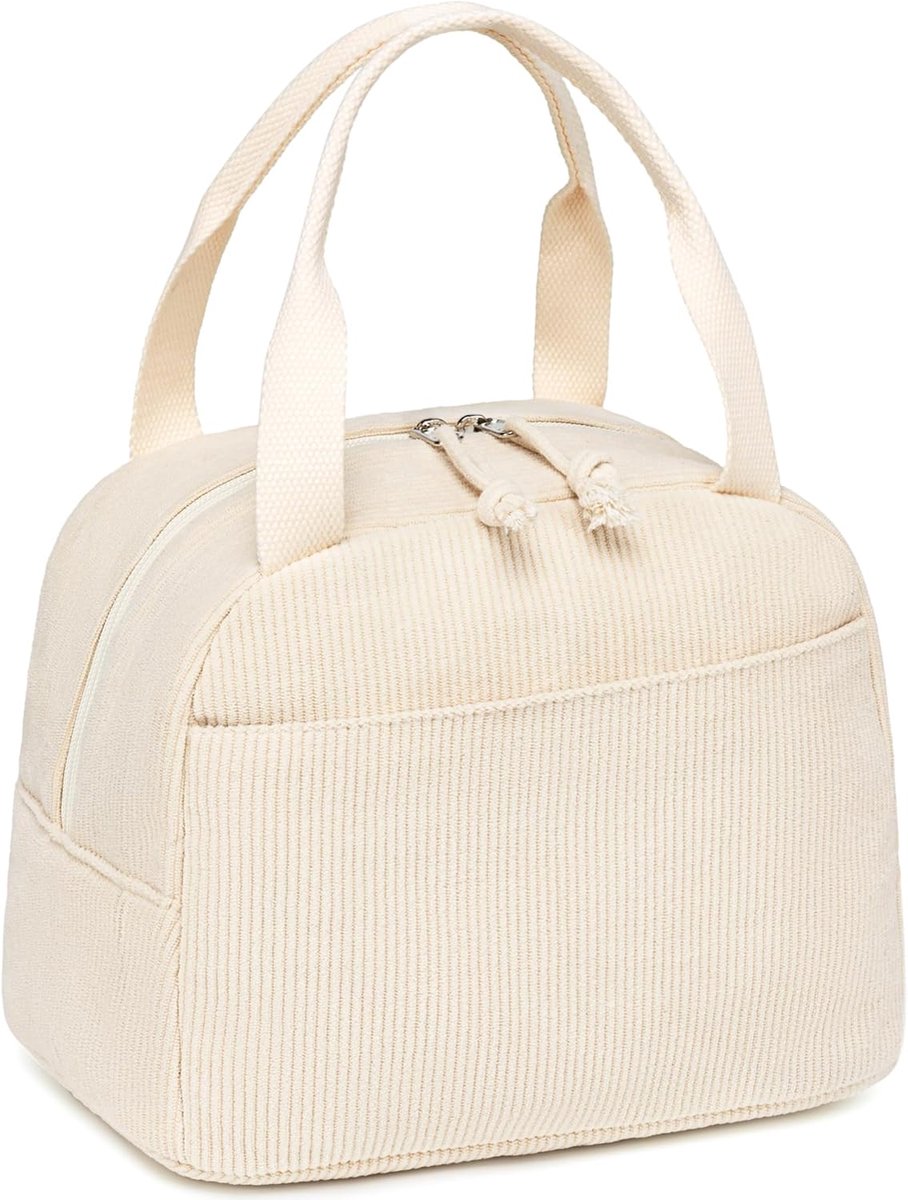 VHV-Geïsoleerde Lunchtas Dames - Herbruikbare Lunchtas van Corduroy - Stijlvolle Thermische Koeltas - Lekvrije Lunchbox Tas met Grote Capaciteit - Beige