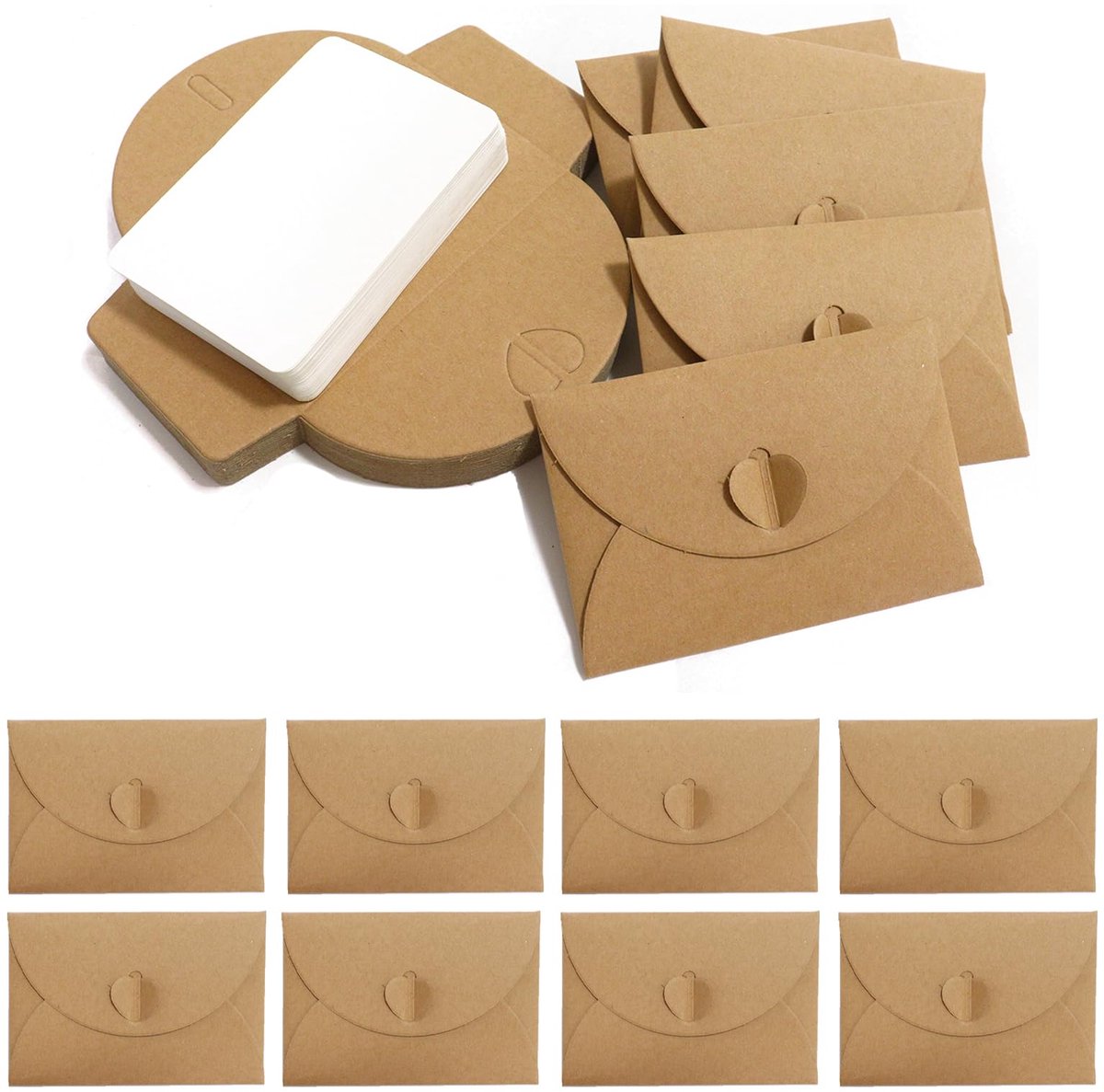 Dailygoods - 50 Stuks Mini Enveloppen en Blanco Kaarten - Vintage Kraftpapier