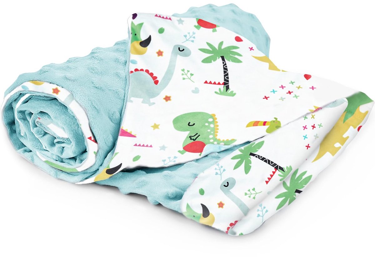 Dailygoods - 100% Katoenen Babydeken 75 x 100 cm - Dubbelzijdige Minky Deken met Dino Thema