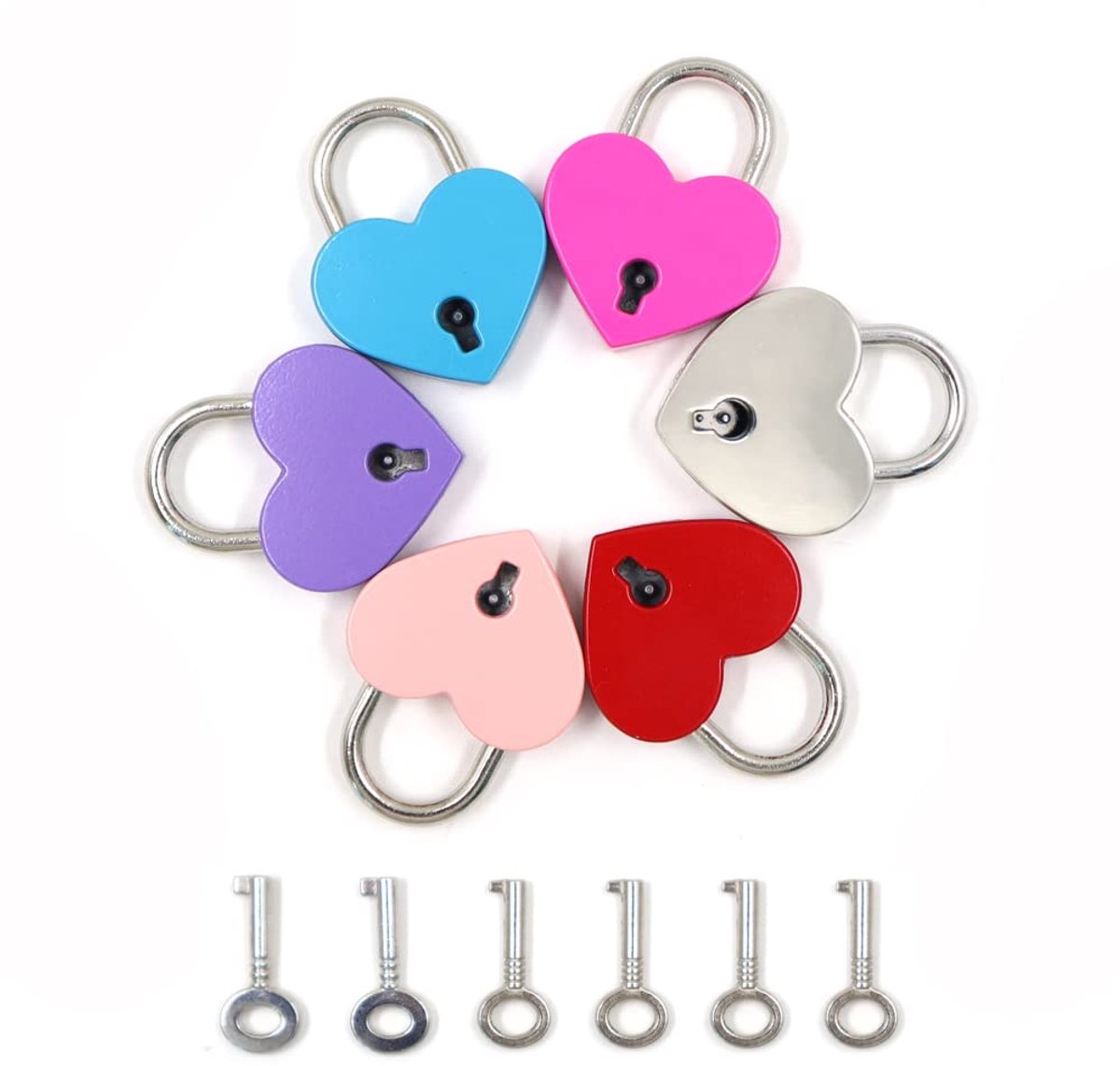Dailygoods - 6 Stuks Klein Metalen Hangslotslot - Mini Hartsloten met Sleutels