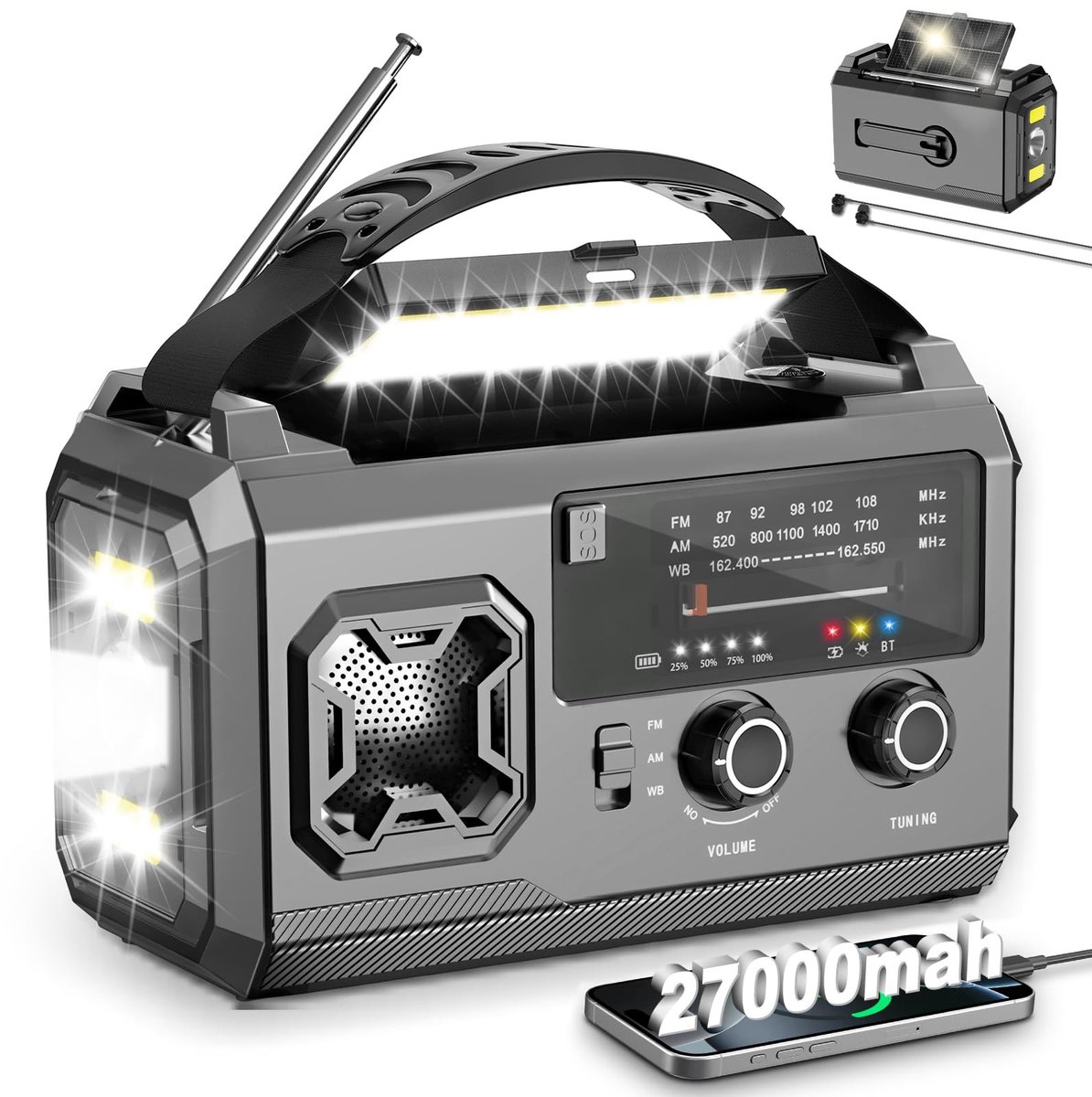 Dailygoods - 27000mAh Zonne-Emergency Radio met Handmatige Oplaadfunctie