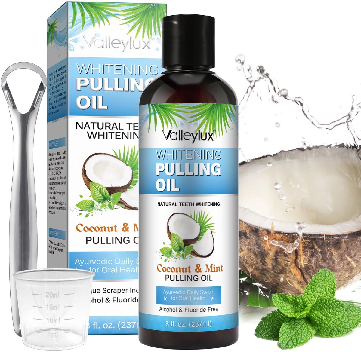 Dailygoods- Kokosnootolie 8 Fl.Oz - Mondwater zonder alcohol - Tongschraper - Maatbeker - Natuurlijke pepermuntextractor - Voor het bleken van tanden