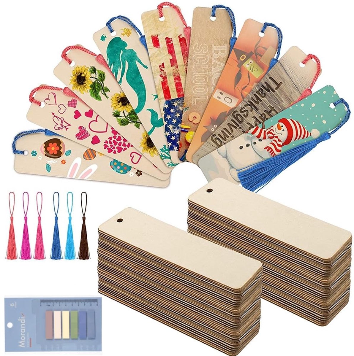 Dailygoods - Houten Boekenleggers Set - Inclusief Kleurrijke Tassels
