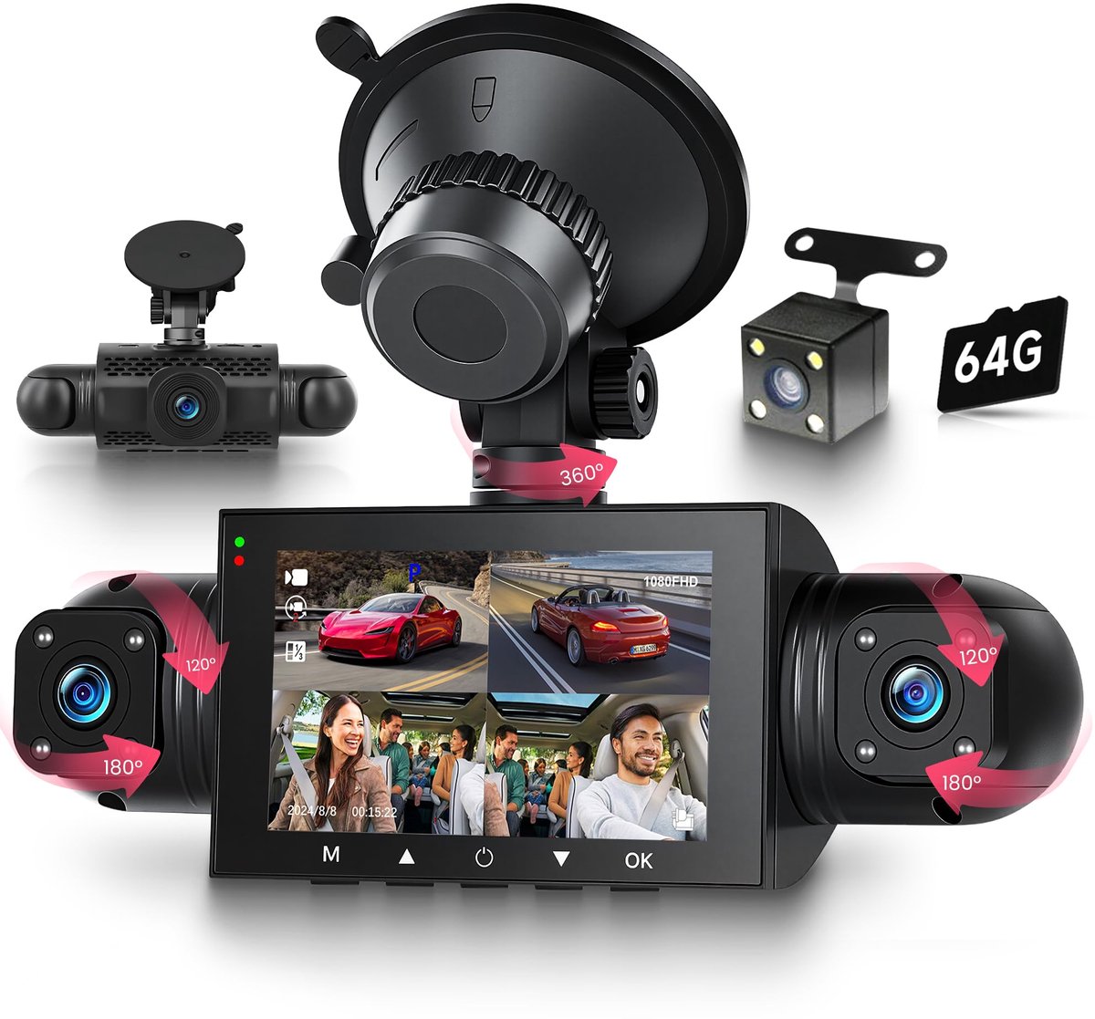 SnelShoppen - Dash Camera 360° 4-kanaals dashcam auto FHD 1080p met 4 camera's voor, achter, links en rechts, 3 inch met IR-nachtzicht, 24H parkeermon