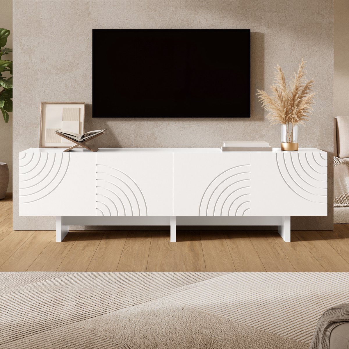 VVBV TV-Meubel 170 cm - Mat Wit Lowboard met 4 Deuren, Geometrisch Boogpatroon, Reliëffronten, MDF en Spaanplaat, TV-Dressoir