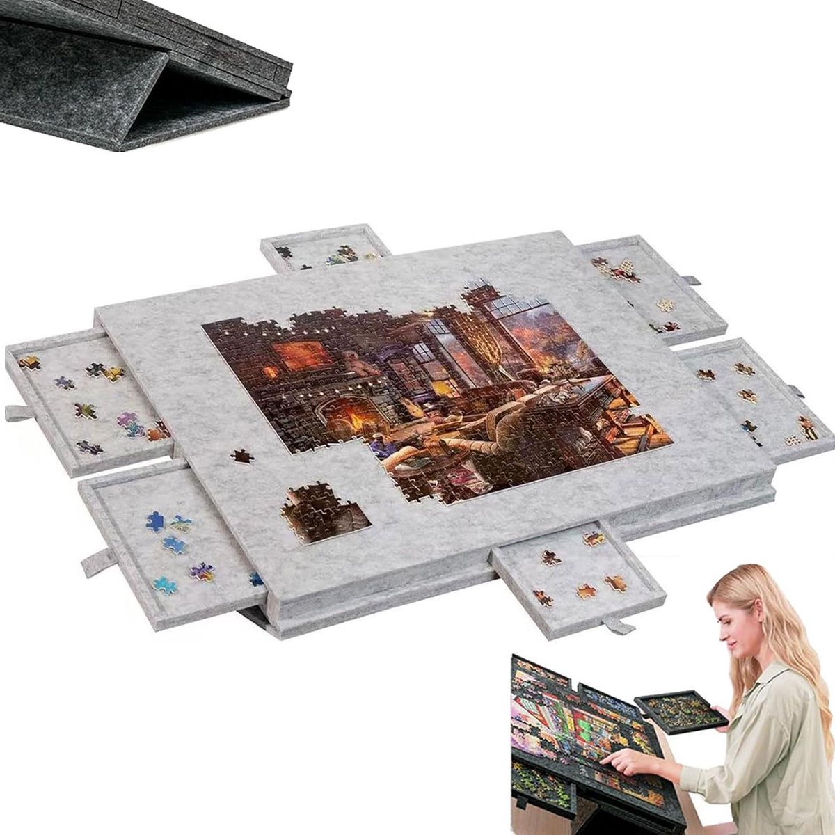 Kantelbare Puzzelplank - Puzzelbord met Lades - Puzzels Sorteren - Inclusief 6 Sorteerladen - 77cm x 54cm - Lichtgrijs
