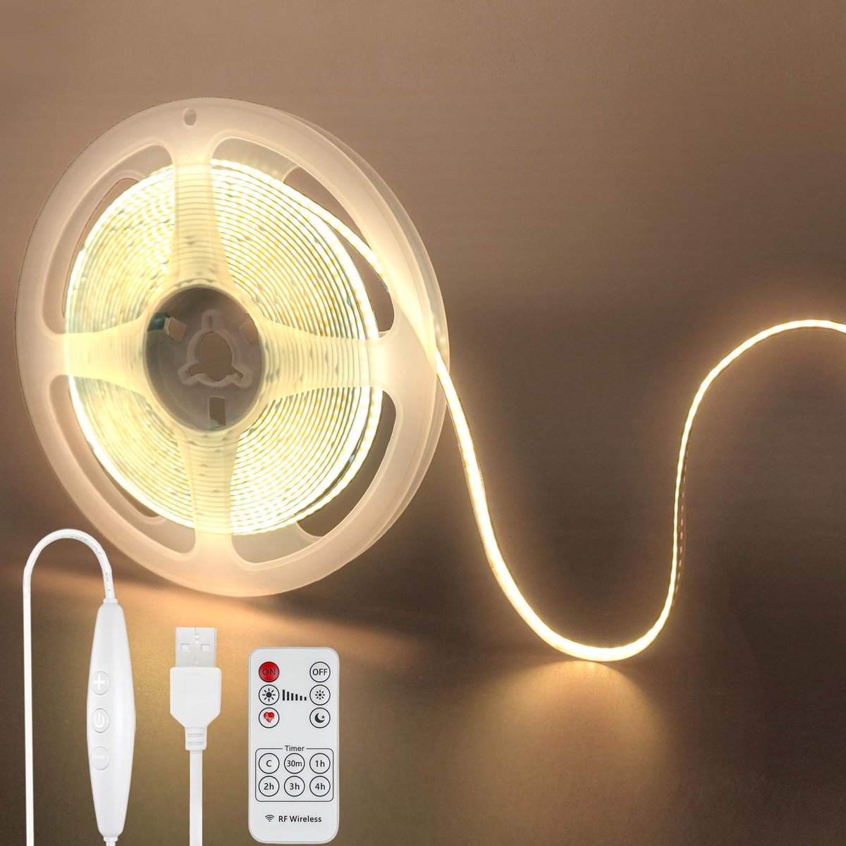 SnelShoppen - 5V USB LED Strip Warm Wit 3000K, 16.4FT/5M Dimbaar met Afstandsbediening, 320 LED/M, 8mm Breed, DIY Interieurverlichting, Niet Waterdich