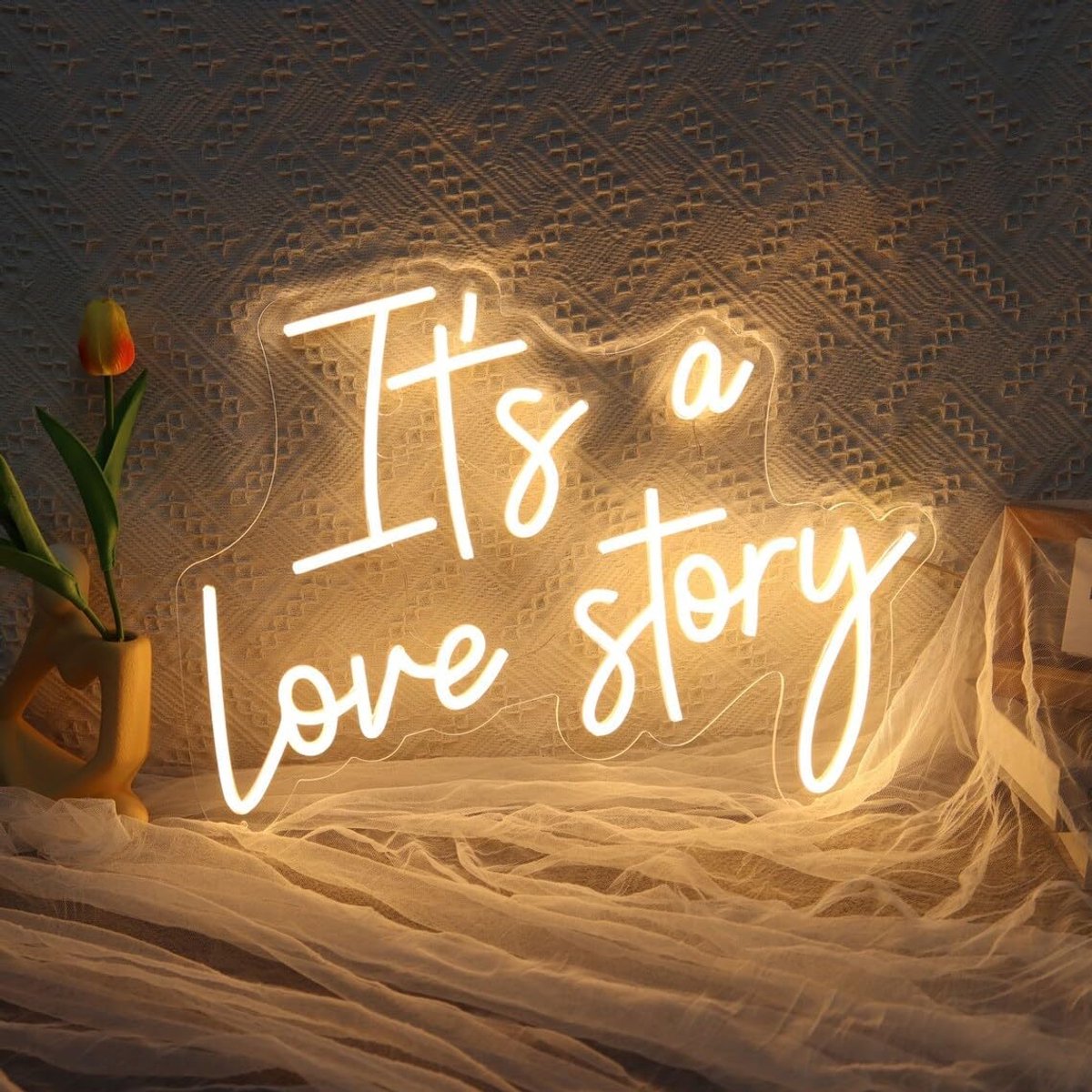 Lzwintrading - LED Neonbord - 36 x 28 CM - It's a Love Story Neon Sign - Warm Wit LED-Neonlicht - Neon Licht Teken - Nachtlampje - USB Aangedreven - Dimbaar - Neon Verlichting voor Slaapkamer,Verjaardag Feest,Muur,Verjaardagscadeau