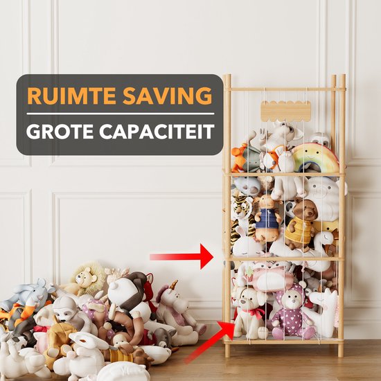 Houten opbergrek, 'ruimtebesparend' met 'grote capaciteit' voor knuffels.