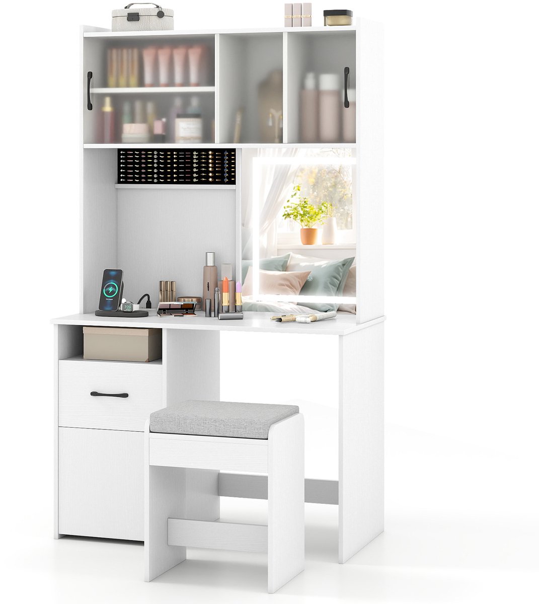 COSTWAY Grote make-uptafelset met led-spiegel en kruk, kaptafel met stopcontacten, 3 deuren, lade, sieradenopslag en kasten, cosmeticatafel, wit, voor slaapkamer, 100 x 50 x 170 cm