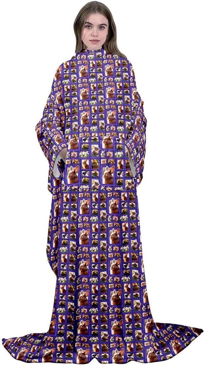 Fleece Deken met Mouwen - Draagbare Deken Knuffeldeken - Ontspannen Thuis - Extra Lange Mouwen - 130x130 cm - Veelkleurig Konijn
