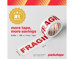 SnelShoppen - Packatape Fragile Pakketplakband 66m x 48mm - Breekbaar Glas Plakband - Wees Voorzichtig - 12 Rollen - Sterk en Duurzaam