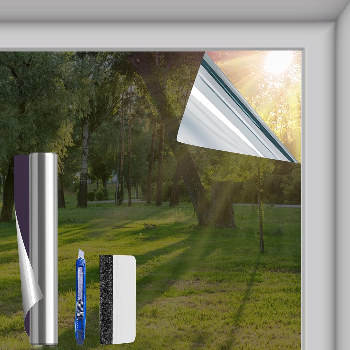 SnelShoppen - Vensterfolie Anti-kijker 75 x 200 cm - Anti-hitte & Anti-UV Spiegelvensterfolie met Montageset, Privacybescherming & Zonbescherming, Gri