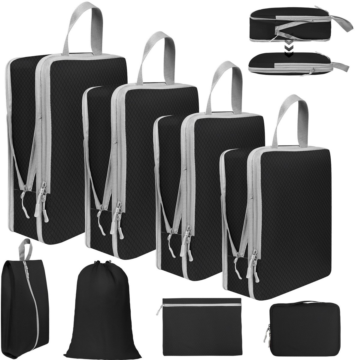 SnelShoppen - Votoko Inpakkubussen 8-delige set, compressie koffer-organizers, uitbreidbare paktassen voor handbagage, koffer en rugzak, zwart, ideaal
