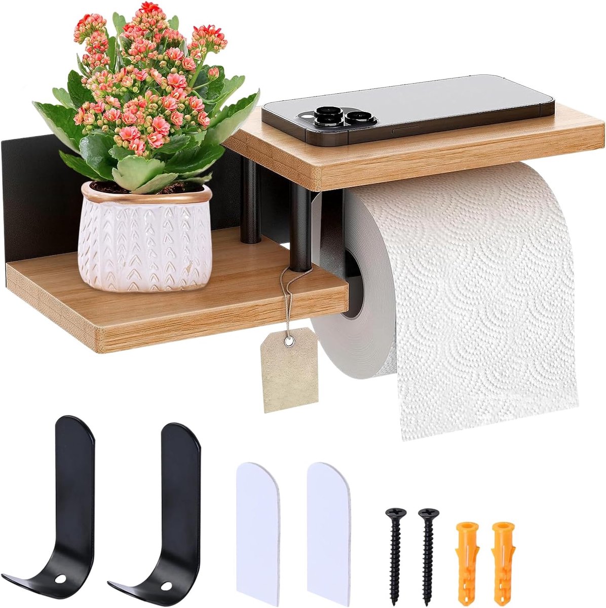 SnelShoppen - Houten Toiletpapierhouder Met 2 Opbergvakken, Zwarte Metalen Toiletrolhouder Met Plakhaken, WC-Papierhouder Voor Badkamer En Keuken, Te