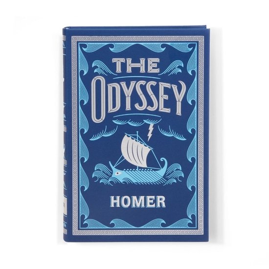 Blauwe kaft van 'The Odyssey' van Homerus, met een schip en golven in zilver.