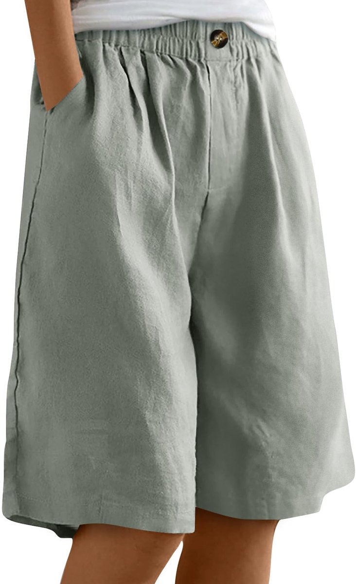 SnelShoppen - Dames Bermudashorts met Zakken, Hoge Taille, Knielang, Casual Katoenen Zomer Shorts in Grijs, Maat XL voor Vrije Tijd, Strand, Tuin en V