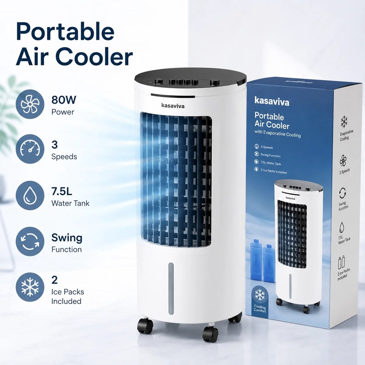 House Of Atelier - Luchtkoeler - Waterkoelventilator - 6 Liter Watertank - 65 W - 3 Snelheden - Draagbaar - Verrijdbaar - 28x31x70 cm