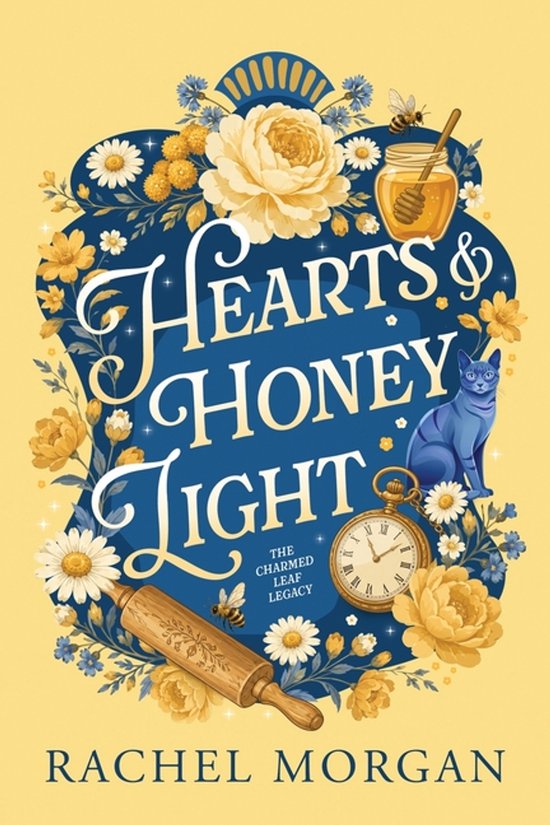 Boekcover met de titel "Hearts & Honey Light" in witte letters op een blauwe achtergrond, omringd door gele en witte bloemen, een blauwe kat, een honingpot, een klok en een deegroller.