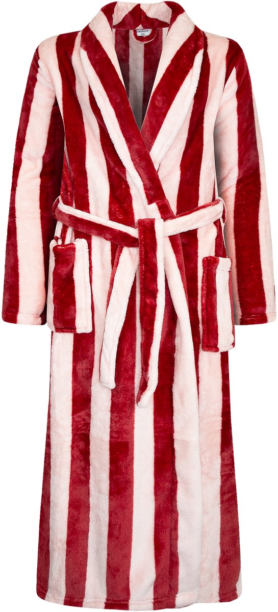 Unisex Badjas Extra Lang met Sjaalkraag en Ceintuur - Ochtendjas - Superzacht Coral Fleece - Heren Dames - Brede Strepen Roze Rood - Maat L/XL - 8215