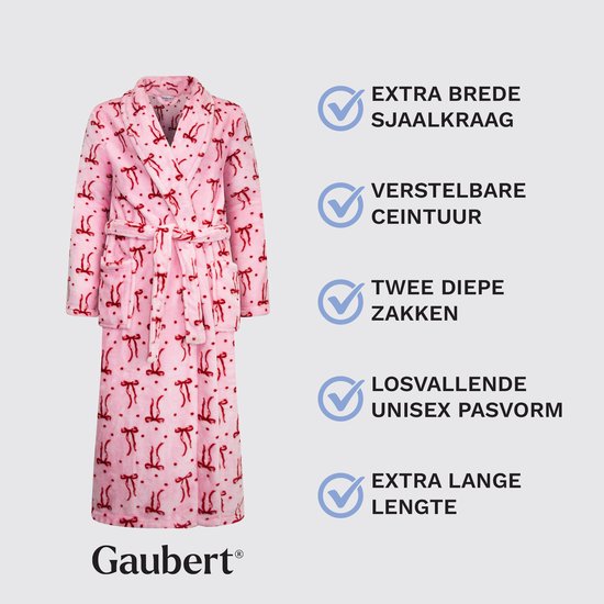 Roze badjas met rode strikjesprint, sjaalkraag, ceintuur, twee diepe zakken en lange lengte.