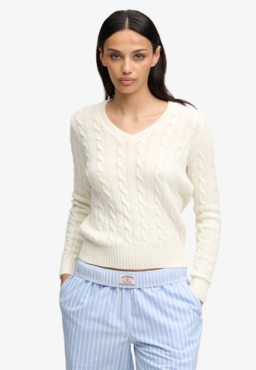Superdry Wollen Mix Kabel V-hals Trui Dames Sweaters Creme