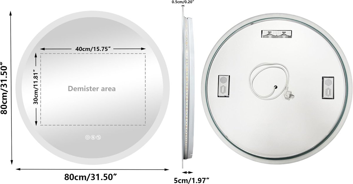 SnelShoppen - Ronde Badkamerspiegel met Bluetooth - 80 cm Dimbare LED Spiegel met 3 Lichtkleuren, Waterdicht, Geheugenfunctie, Ontfogging - Perfect vo