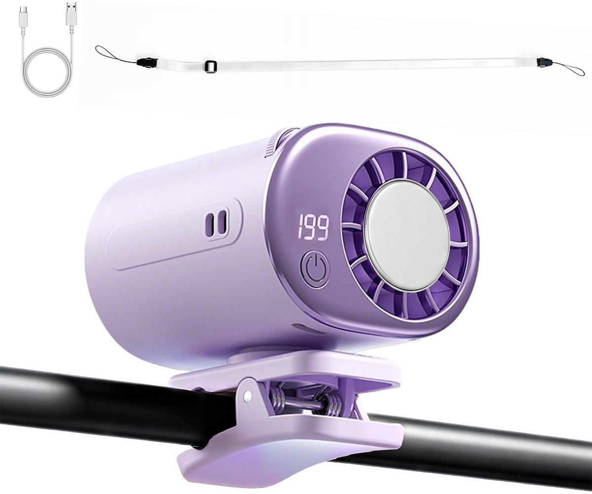 SnelShoppen - Draagbare Clip-Ventilator met LED-Display, 360° Rotatie, 199 Snelheden, USB-Oplaadbaar voor Thuis, Kantoor, Camping, Sportschool - Paars
