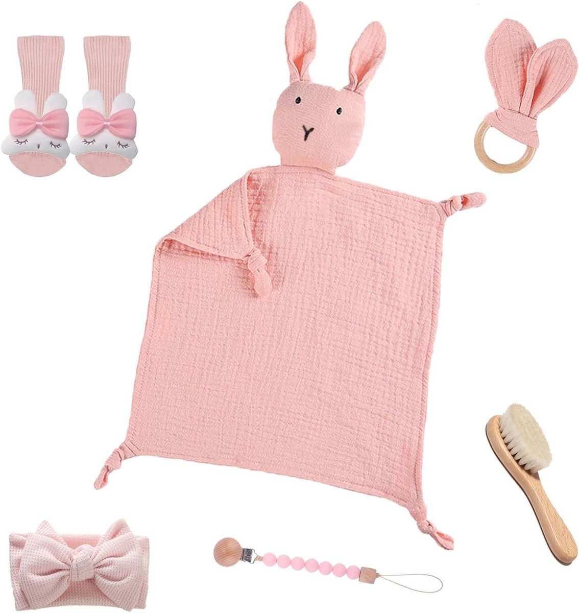 Babycadeauset 6-in-1 - Kraamcadeau set Geboortecadeau - Babyshower Vieren - Inclusief Knuffeldoek - 17 x 17 x 6 cm