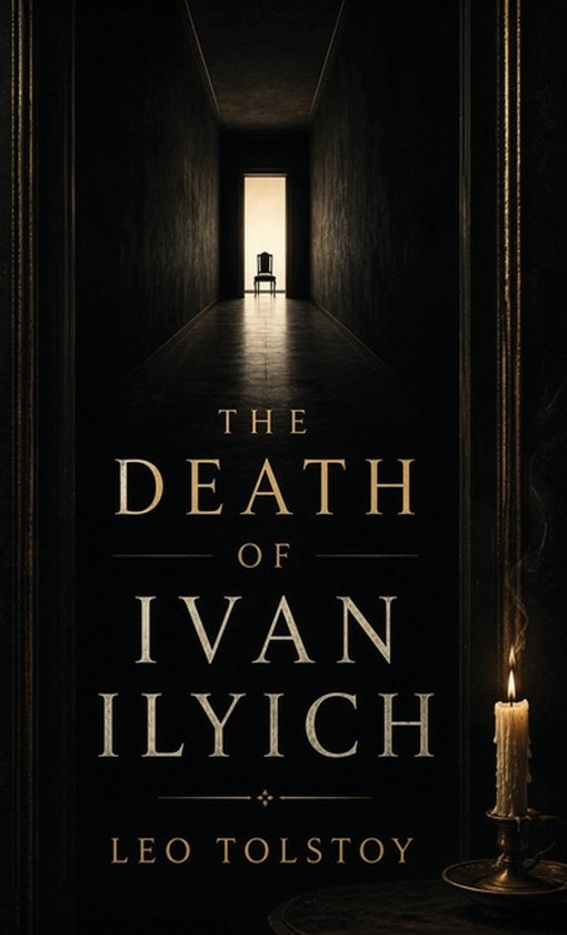 Boek kaft van 'De dood van Ivan Iljitsj' door Leo Tolstoj, met een donkere gang die leidt naar een stoel in een verlicht portaal.