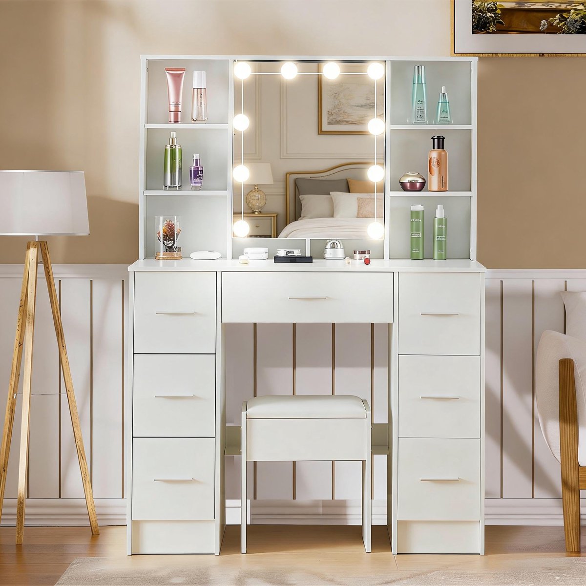 SnelShoppen - Grote Witte Kaptafel met Spiegel en Kruk, 3 Dimbare LED Kleuren, 7 Laden en Verborgen Opbergruimte, 100x40x140 cm, Moderne Grimeertafel
