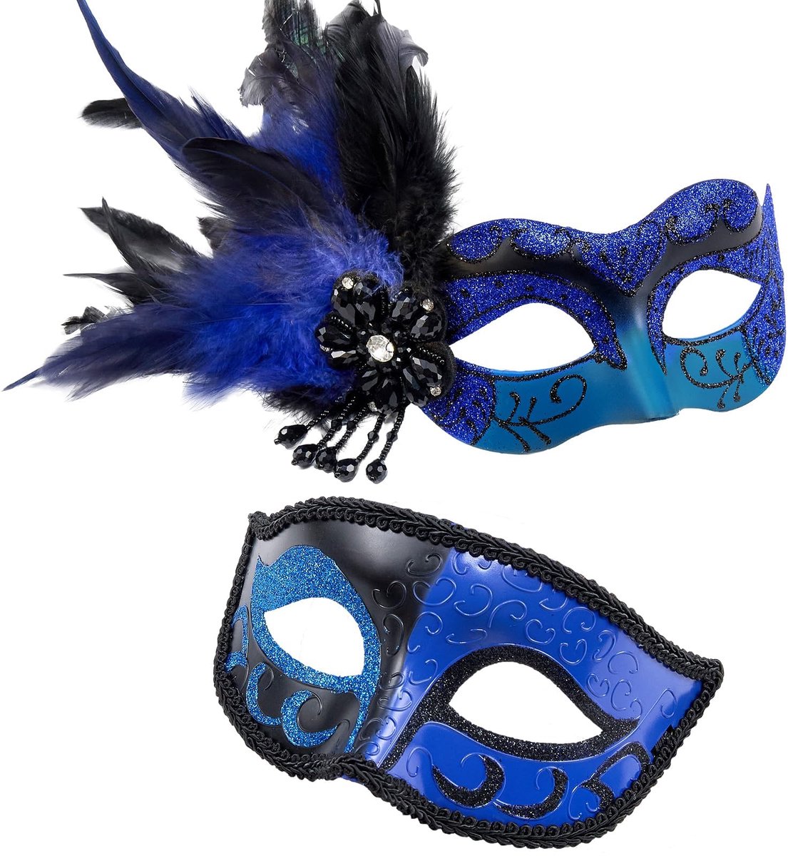 SnelShoppen - Maskerade Masker met Veren voor Koppels - Blauw - Halloween, Mardi Gras, Cosplay Party - Feestmasker voor Heren en Dames - Uniek en Eleg