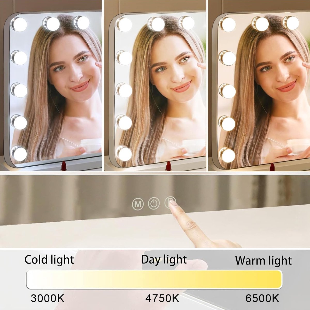 SnelShoppen - Make-upspiegel met Verlichting, Hollywood Spiegel met 14 Dimbare LED Lampen, Cosmeticaspiegel 50 x 40 cm, Tafelspiegel met 10x Vergrotin