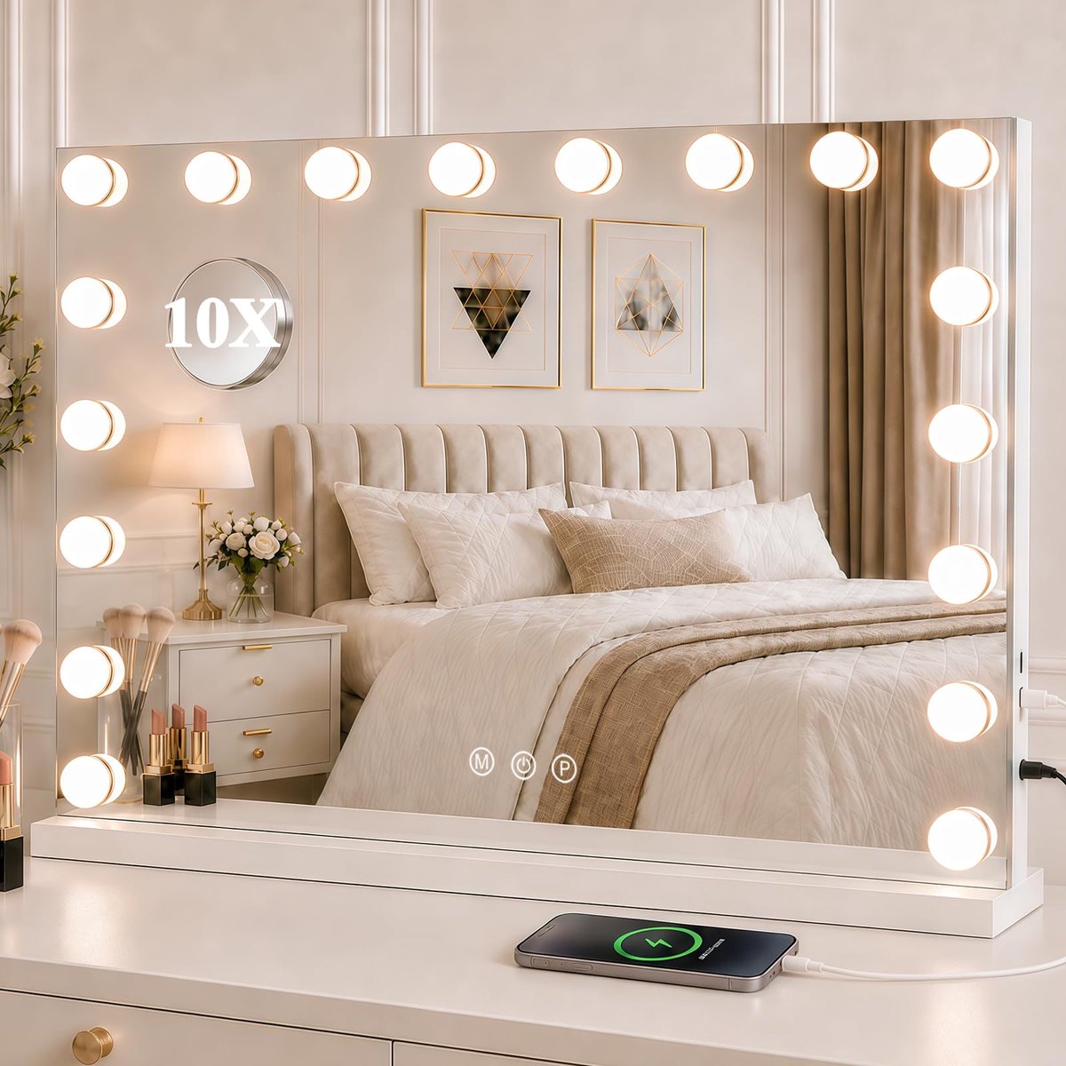 SnelShoppen - Hollywood Make-upspiegel met Verlichting 80x62 cm - Dimbare LED-lampen, 3 Kleurmodi, USB & Type-C Opladen - Cosmetische Spiegel voor Sla