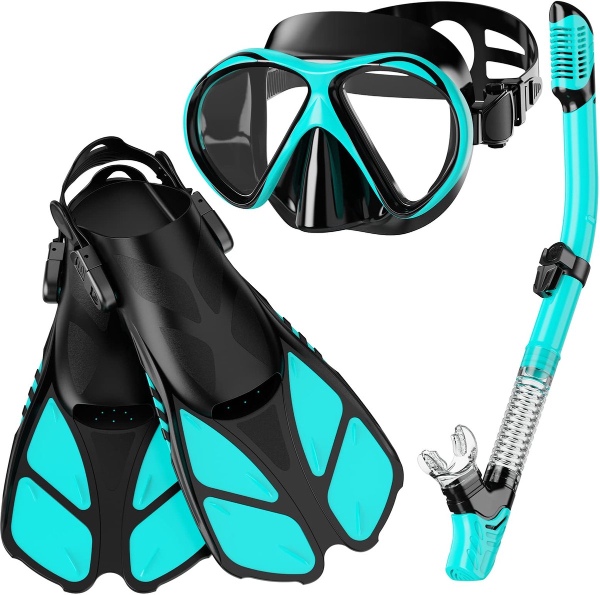 SnelShoppen - Snorkelset voor Volwassenen, Duikbril met Snorkel en Zwemvliezen, Set van 3, Aqua Green, S/M, Ideaal voor Snorkelen en Duiken, Perfect v