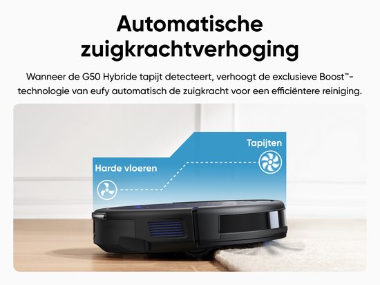 Zwarte robotstofzuiger met automatische zuigkrachtverhoging, met illustratie van harde vloeren en tapijten.