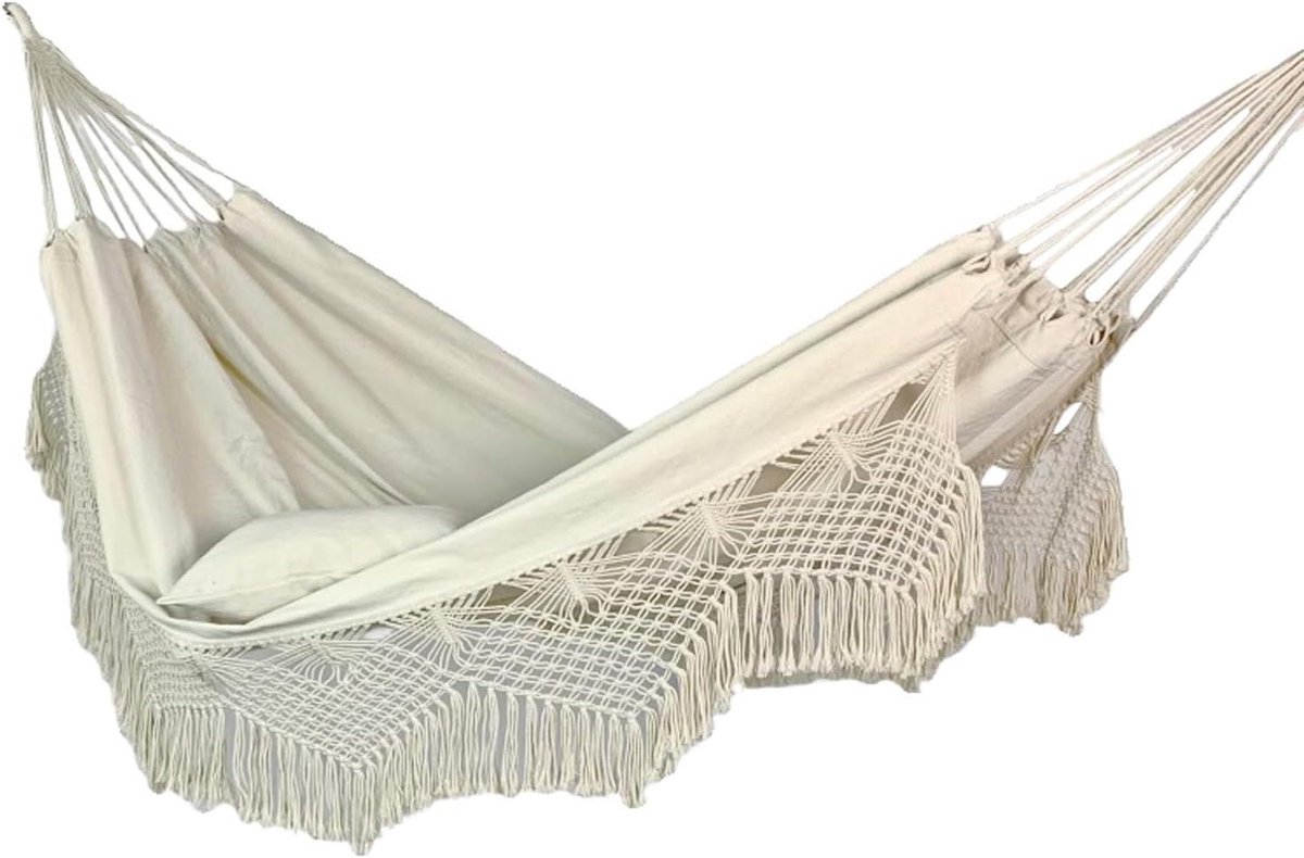 Kampeerhangmat 2 personen - Draagbare hangmat Tuin hangmat - Ontspannen buiten - Versterkte touwen - 200 x 150 cm - Beige